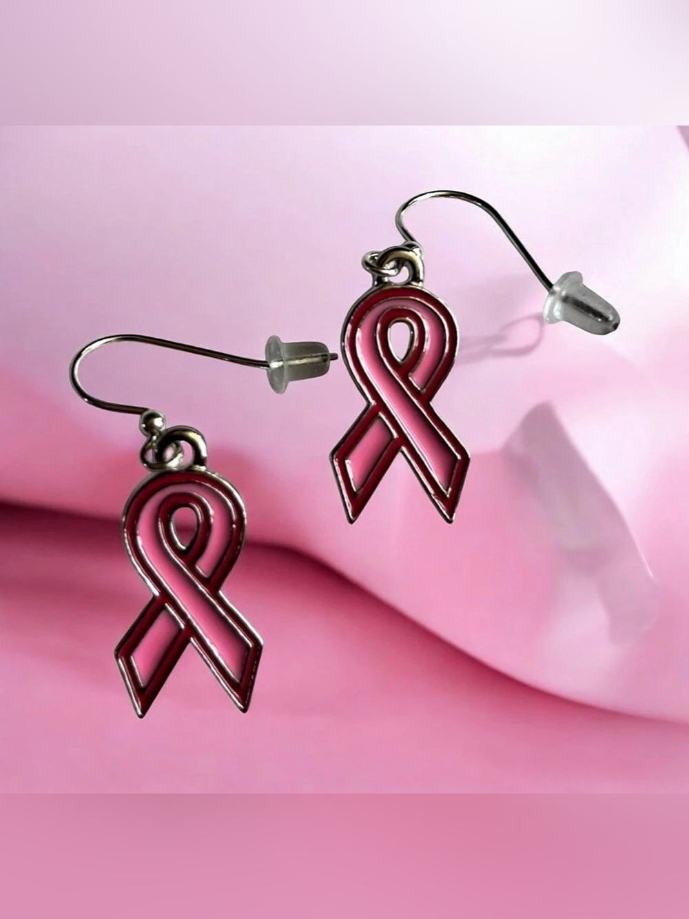 Pink Ribbon and Silver Earrings